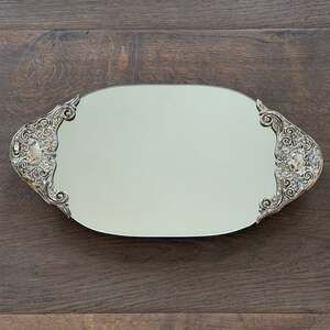 Godinger Silver Oval Vanity Mirror Tray Ornate Scroll Metal Handles & Feet